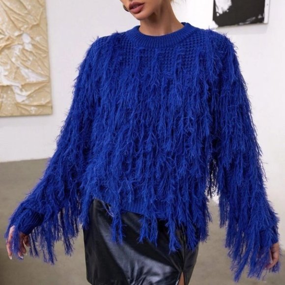 BLUE Fuzzy Fringe Crop knit Sweater top - Picture 1 of 6